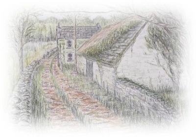 Illustration of footpath with barn & house on the right